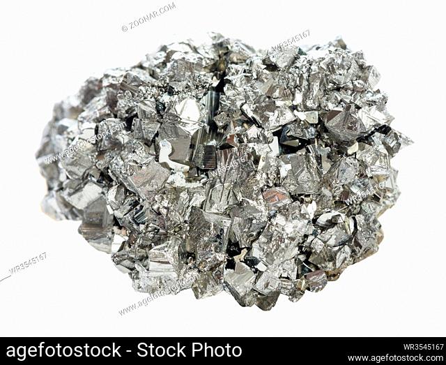 Metallic cluster of pyrite crystals isolated on a white background closeup