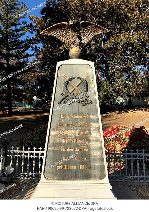 04 June 2019, Namibia, Windhuk: Memorial to the German soldiers of the Imperial Protection Force who died fighting the Witbooi tribe in a central city park in...