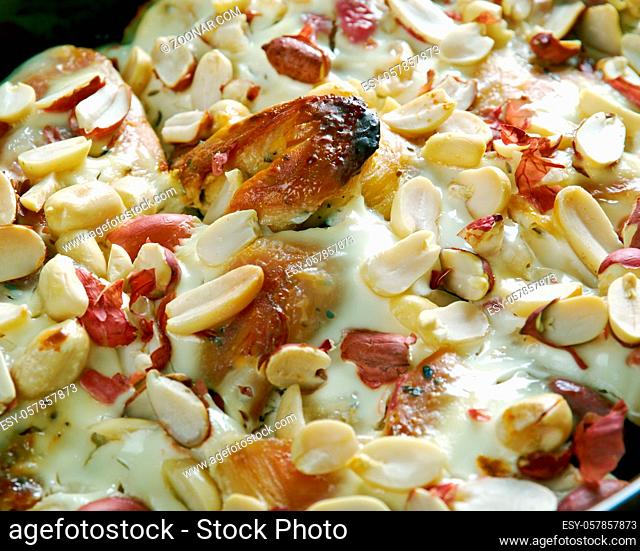 Flying Jacob - Swedish casserole that consists of chicken, cream, chili sauce, roasted peanuts