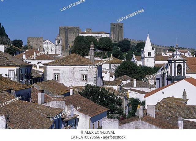 View over old town. Houses, churches. Fortifications, wall, lookout towers