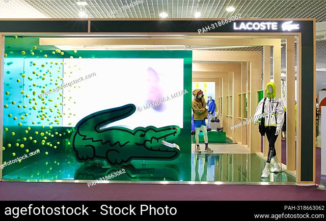 Cannes, France - October 05, 2022: TFWA World Exhibition and Conference with Lacoste Stand. The Duty Free and Travel Retail Global Summit at the Palais des...