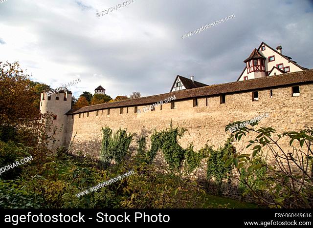 Basel, Switzerland - October 20, 2016: Part of the historic city wall in the city center