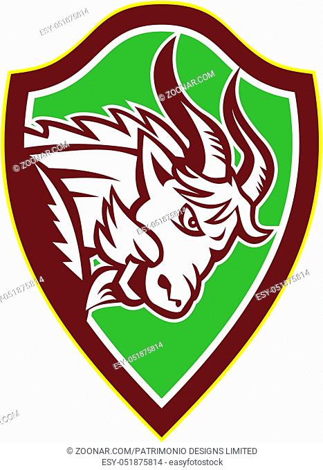 Illustration of an angry ram mountain goat head viewed from the side set inside shield crest on isolated background done in retro style