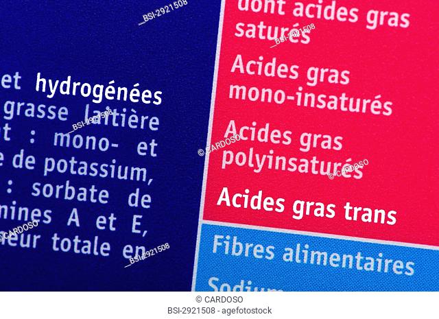 Food labelling with ndications 'hydrogenated and 'trans fatty acid'. The process of hydrogenation used in the food industry has the effect to transform fatty...