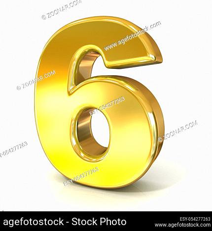 Numerical digits collection, 6 - SIX. 3D golden sign isolated on white background. Render illustration