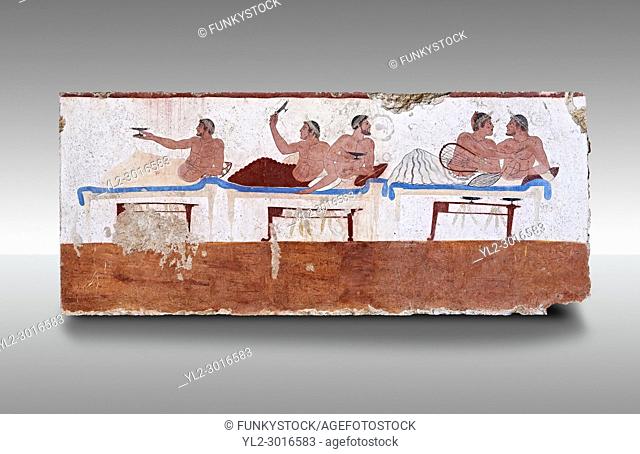 Greek Fresco on the inside of Tomb of the Diver [La Tomba del Truffatore]. This panel is from one of the long sides of the tomb and shows a symposium of men...