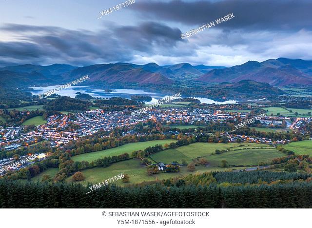 View over Keswick and Derwent Water from Latrigg summit in the Lake District National Park, Keswick, Cumbria, England, UK, Europe