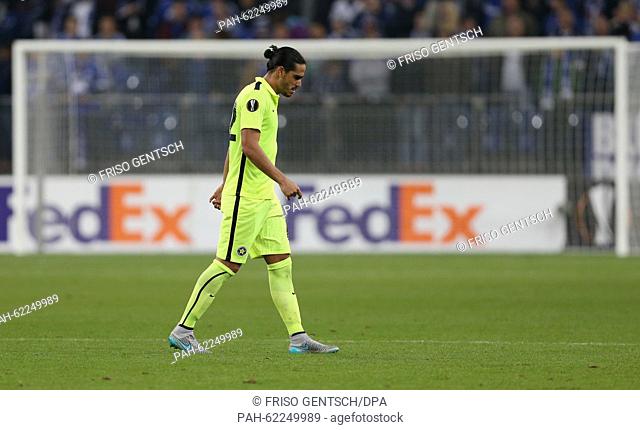Matias Iglesias from Tripolis leaves the pitch after the Europa League group K match between FC Schalke 04 and Asteras Tripoli at the Veltins Arena in...