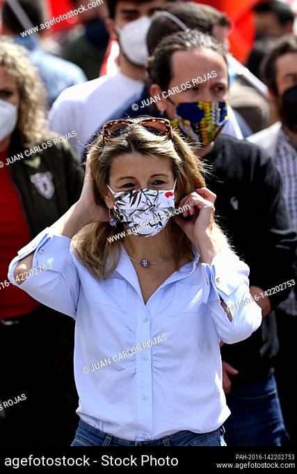 Madrid, Spain; 01.05.2021.- Minister of Labor, Yolanda Díaz, Candidate Unidas Podemos Pablo Iglesias (R)..The unions return to the streets on May Day asking to...