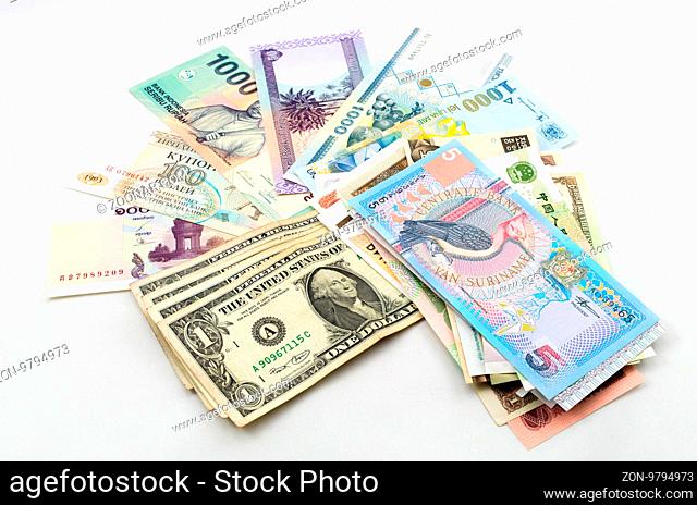 Group banknotes of different countries around the world