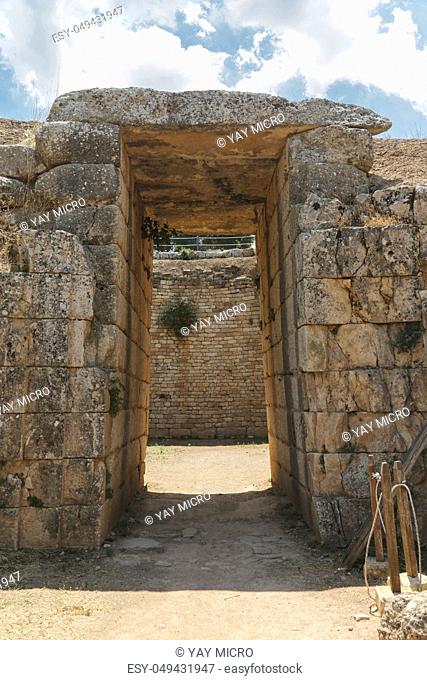The archaeological site of Mycenae in the Peloponnese with the Lion Gate and Treasury Tombs