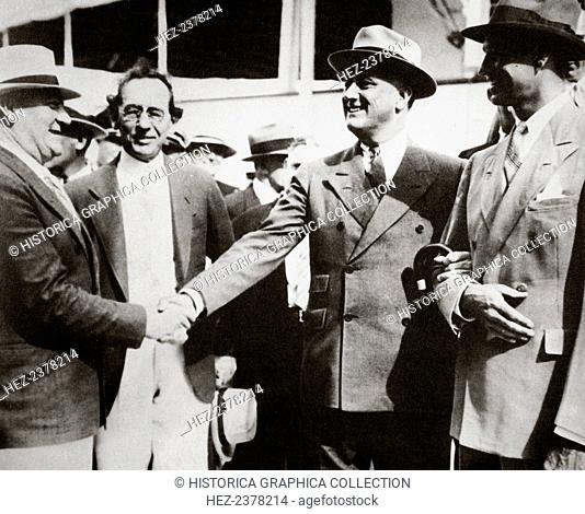 President Roosevelt, returning to Miami, Florida, USA, after a fishing trip, 13 April, 1934. Franklin Delano Roosevelt (1882-1945)