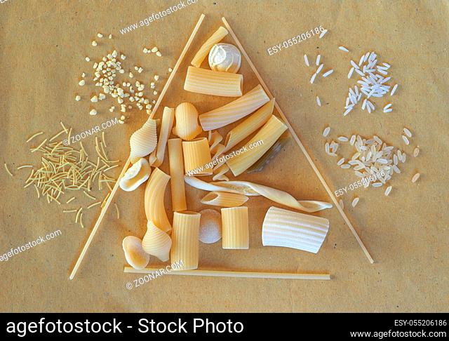 Many different kinds of Italian pasta including penne macaroni (maccheroni) fusilli spaghetti trenette (linguine) orecchiette tortiglioni conchiglie (shells)...