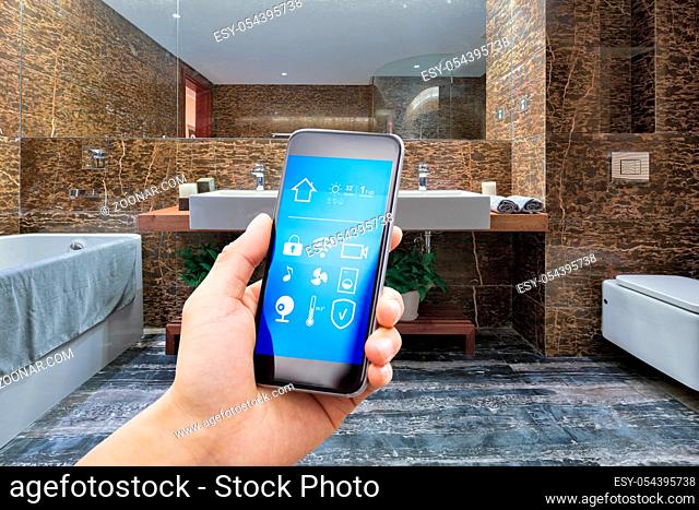 smart phone with smart home and modern bathroom