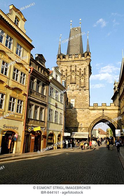 Riverside lane with Lesser Quarter Bridge tower, UNESCO World Heritage Site, Prague, Czech Republic, Czechia, Europe