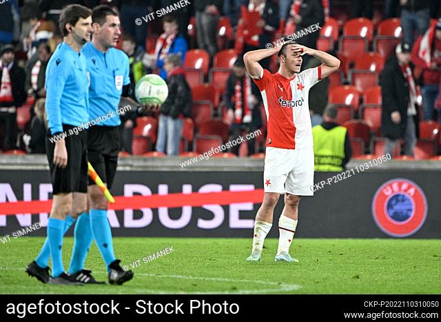 Stanislav Tecl of Slavia reacts after the Group G, 6th round soccer match of the European Conference League SK Slavia Praha vs Sivasspor, in Prague