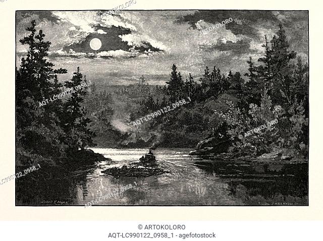 ENTERING INDIAN RIVER, LAKE ROSSEAU, CANADA, NINETEENTH CENTURY ENGRAVING