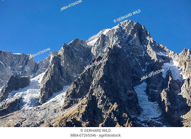 View from Val Ferret to Grandes Jorasses (4208m), Mont Blanc massif, near Courmayeur, Aosta province, Aosta Valley, Italy