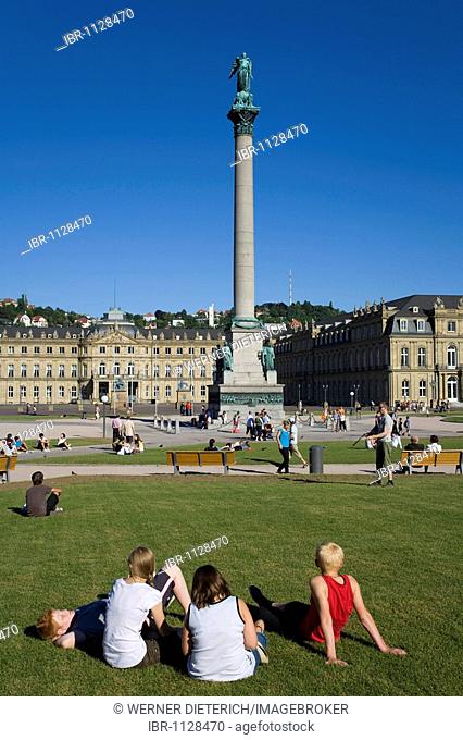 People on the Schlossplatz, castle square, adolescents, Jubilee Column, New Castle, Stuttgart, Baden-Wuerttemberg, Germany