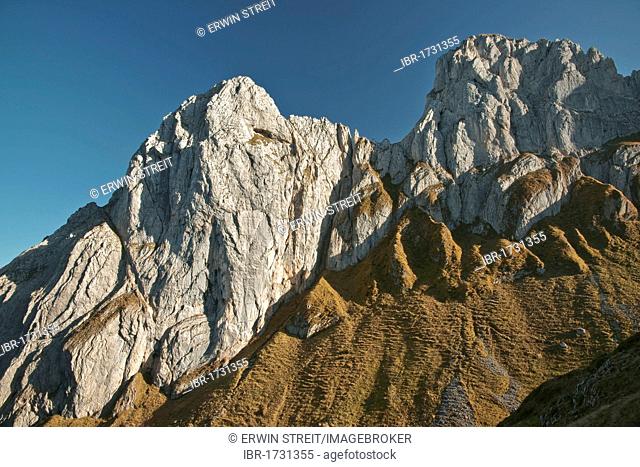 Peaks of the Kreuzberge Mountains in the Alpstein Massif in the evening light, Canton Appenzell, Switzerland, Europe