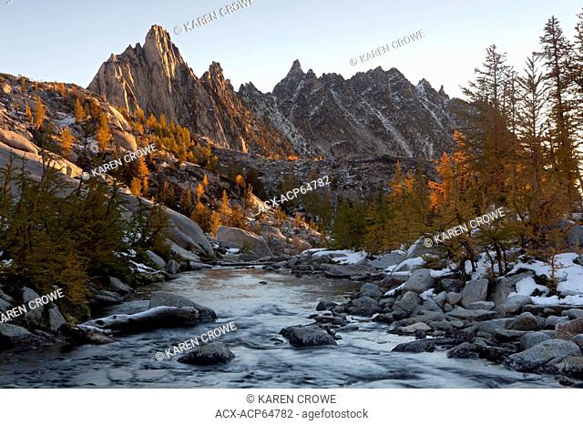 Prusik Peak from Outflow of Sprite Lake at Sunrise, Enchantments Basin, Alpine Lakes Wilderness, Washington State, United States of America