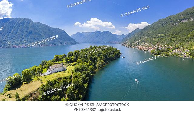 Aerial view of the Isola Comacina, Ossuccio, Tremezzina, Como Lake, Lombardy, Italy