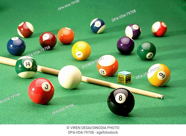 Snooker, pool balls with cue chalk on snooker table, soft focus effect