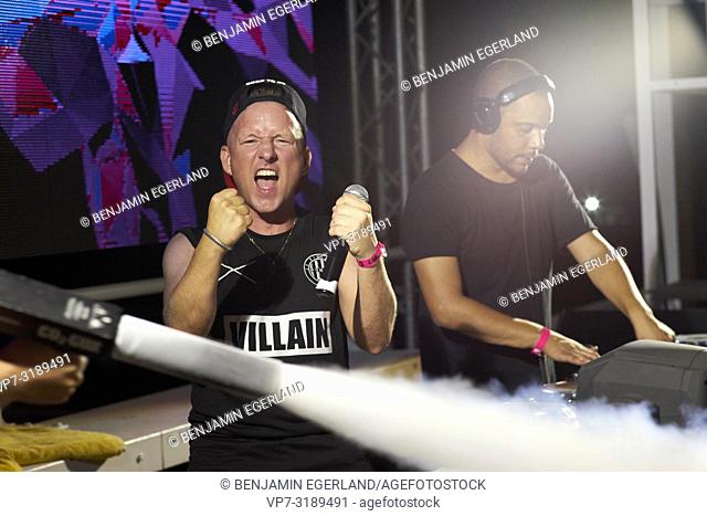DJ Wildstylez and MC Villain performing at music festival Starbeach Chersonissos, Crete, Greece, on 09. August 2018