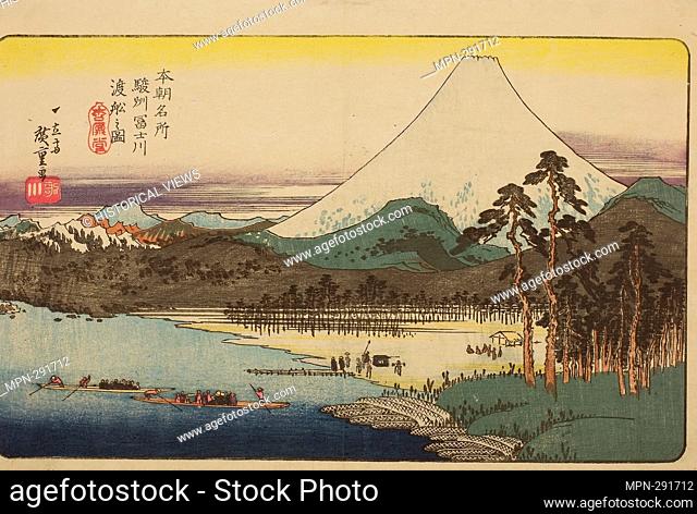 Author: Utagawa Hiroshige. Ferry Boats Crossing the Fuji River in Suruga Province (Sunshu Fujikawa watashibune no zu), from the series 'Famous Places of Japan...