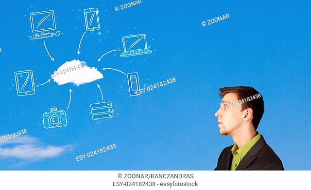 Handsome man looking at cloud computing concept on blue sky