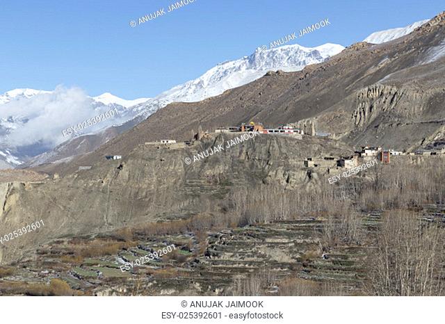 Landscape of Muktinath village in lower Mustang District, Nepal. This photo was shot in early morning..Area was cover by snow