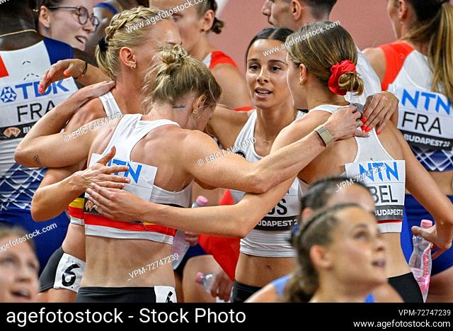 Belgian Hanne Claes, Belgian Imke Vervaet, Belgian Camille Laus and Belgian Helena Ponette react after the finals of the women's 4x400m relay race at the World...