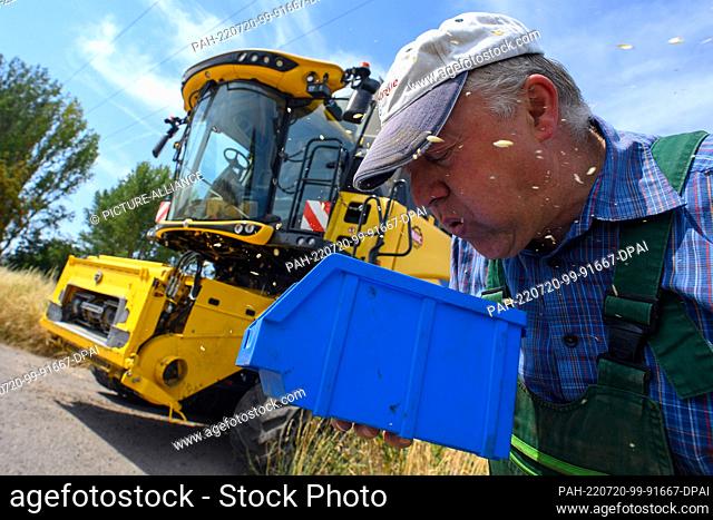 20 July 2022, Saxony-Anhalt, Eilsleben: Daniel Scheibe, a graduate farmer in the Börde region, blows into a small box to separate the chaff from the wheat...