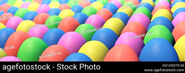 Many colorful Easter eggs in panorama format