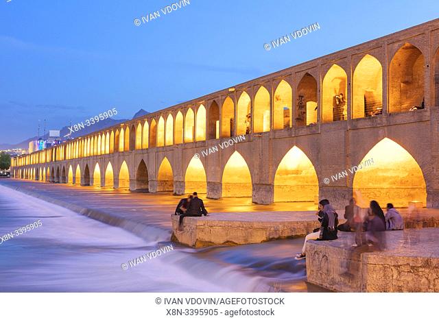 Si-o-se-pol, Allahverdi Khan Bridge at night, Zayanderud river, Isfahan, Isfahan Province, Iran