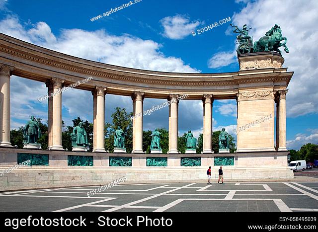 Budapest, Hungary. Heroes' Square, Hosok Tere or Millennium Monument, major attraction of city - people with blurred faces