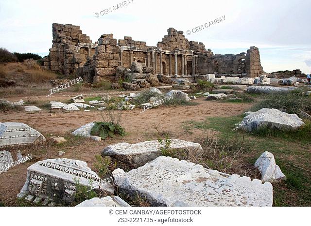 Ancient Roman ruins of State Agora in Side, Antalya Province, Turkish Riviera, Turkey, Europe