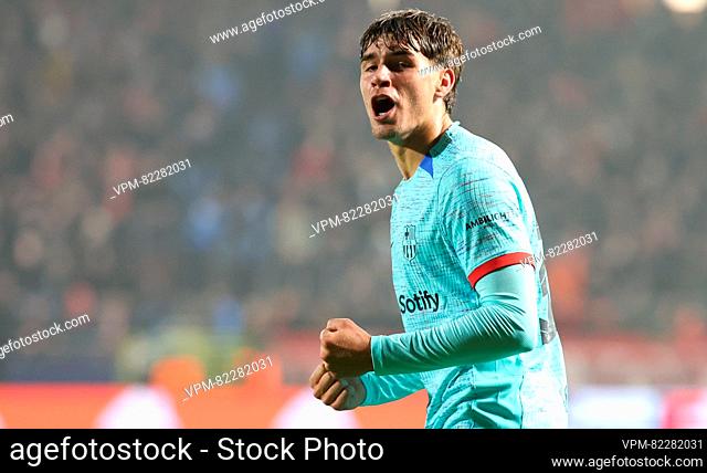 Barcelona's Marc Guiu celebrates after scoring during a game between Belgian soccer team Royal Antwerp FC and Spanish club FC Barcelona, in Antwerp