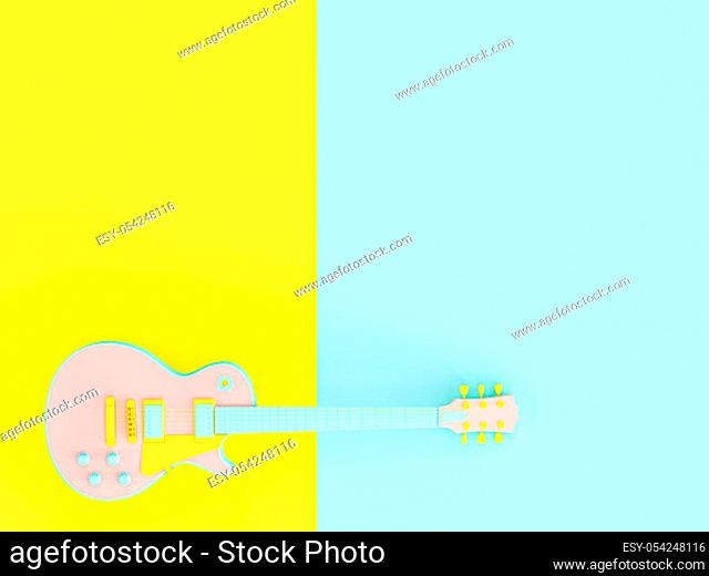 blue, pink and yellow electric guitar on two-tone background, 3d image render in style flat lay