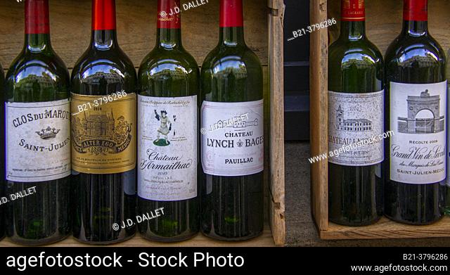 Different bottles of famed Bordeaux wines. France, Nouvelle Aquitaine, Gironde