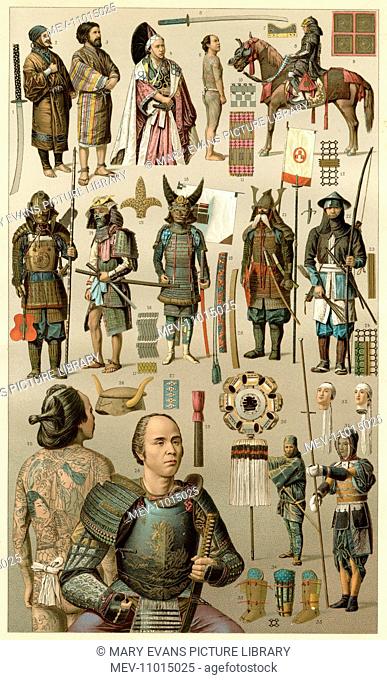 Japanese and Ainu (Aynu) costumes -- Daimyo (feudal lord), noblemen, warriors, weapons, an archer, a firefighter, craftsmen, coolies, etc
