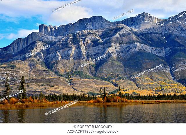 A fall landscape image showing the Miette mountain range in Jasper National Park, Alberta, Canada with the changing autumn landscape in the forground along...