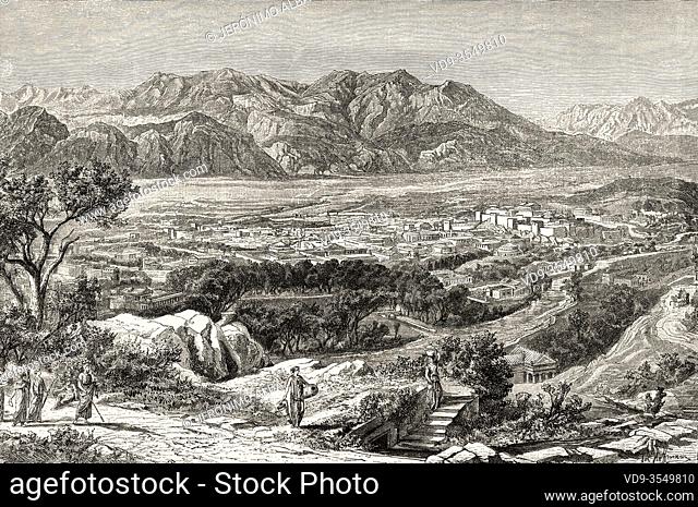 Imaginary view of the city of the ancient city Sparta and Mount Taygetus seen from the village of Terapne, Ancient Greece