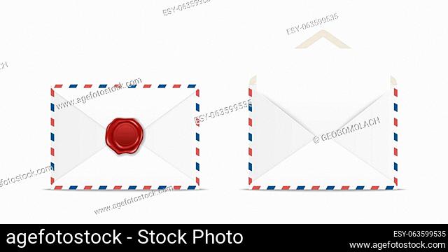 Vector White Closed and Opened Paper Envelope with Red Wax Seal and Blank Paper Letter Inside. Folded and Unfolded Envelopes Icon Set Isolated