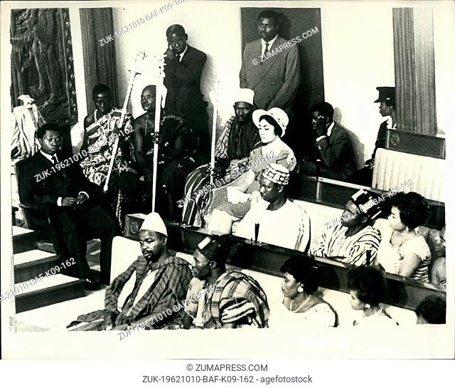 Oct. 10, 1962 - Dr. Nkrumah declines life presidency. MME.Nkrumah listens to the speeches. Dr. Nkrumah refused the Life Presidency of Ghana - in his address at...