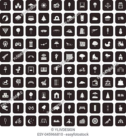 100 childrens park icons set in black color isolated vector illustration