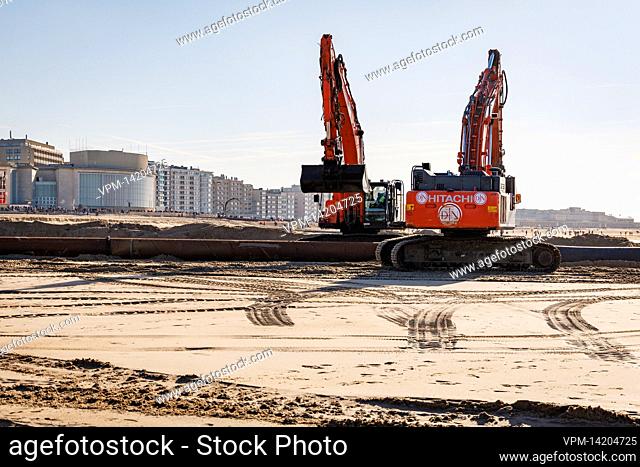 Illustration picture shows a press visit to works on the beach of Ostend, Saturday 26 February 2022. This week, the agency for Maritime Services and Coast...