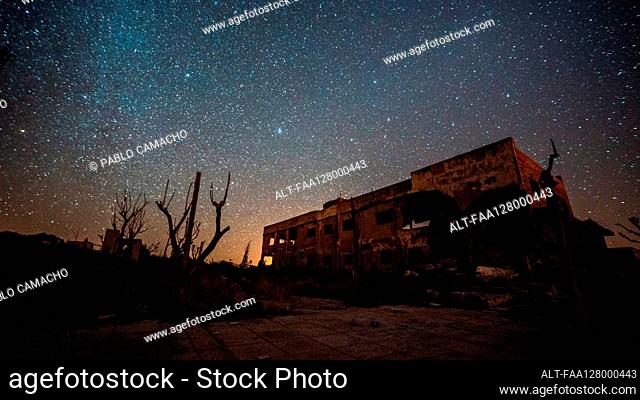 View of abandoned building against milky way in sky, Villa Epecuen