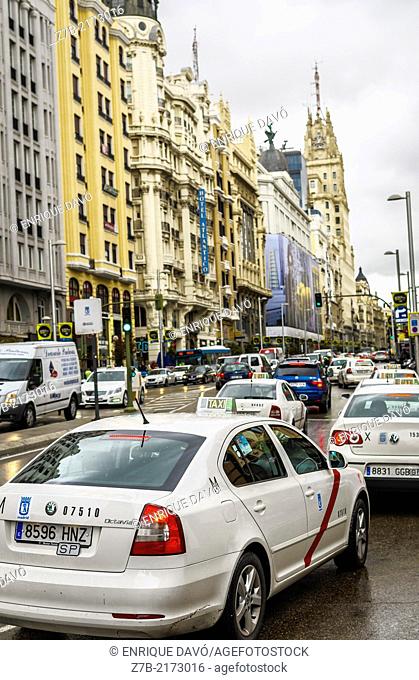 View of a traffic jam in Gran Via, Madrid city, Spain