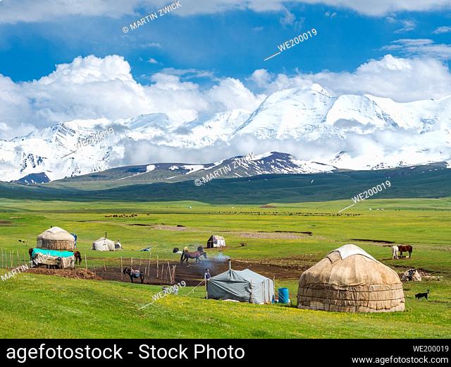 Traditional yurt in the Alaj valley with the Transalai mountains with Pik Kurumdy (6614) in the background. The Pamir Mountains, Asia, Central Asia, Kyrgyzstan